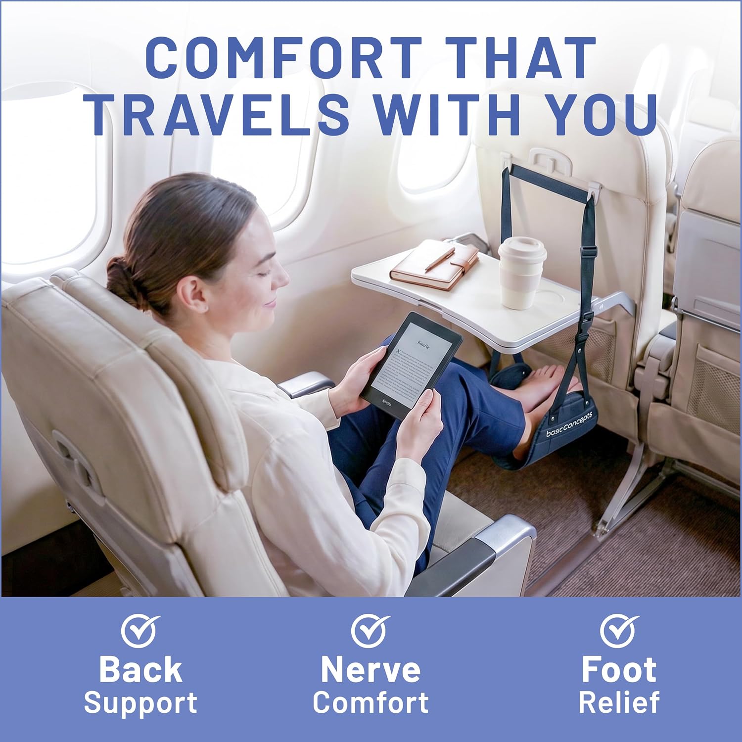 BASIC CONCEPTS Airplane Adjustable Foot Hammock (2 Pack), Perfect or Office Footrest to Relax Your Feet (Memory Foam) -