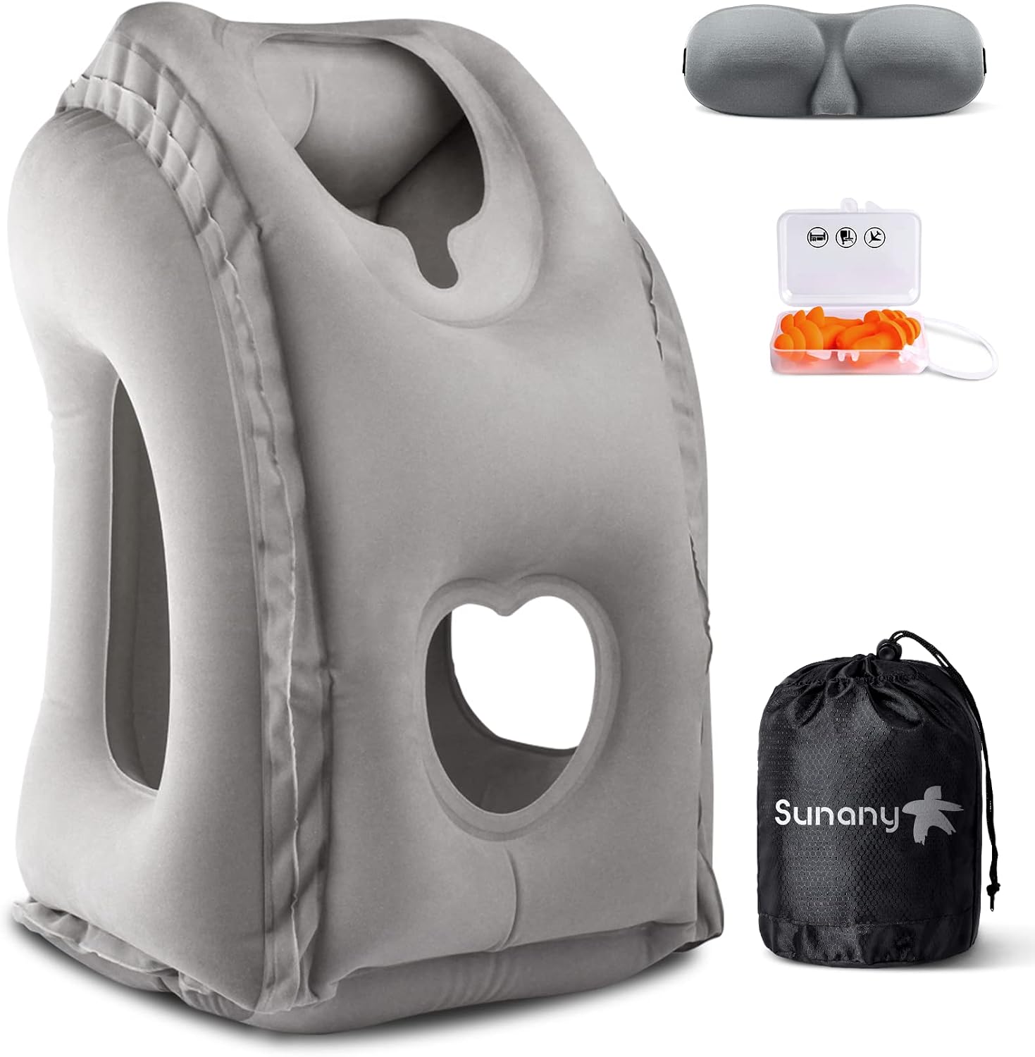 SUNANY Inflatable Neck Pillow Used for Airplanes/Cars/Buses/Trains/Office Napping with Free Eye Mask/Earplugs (Gray