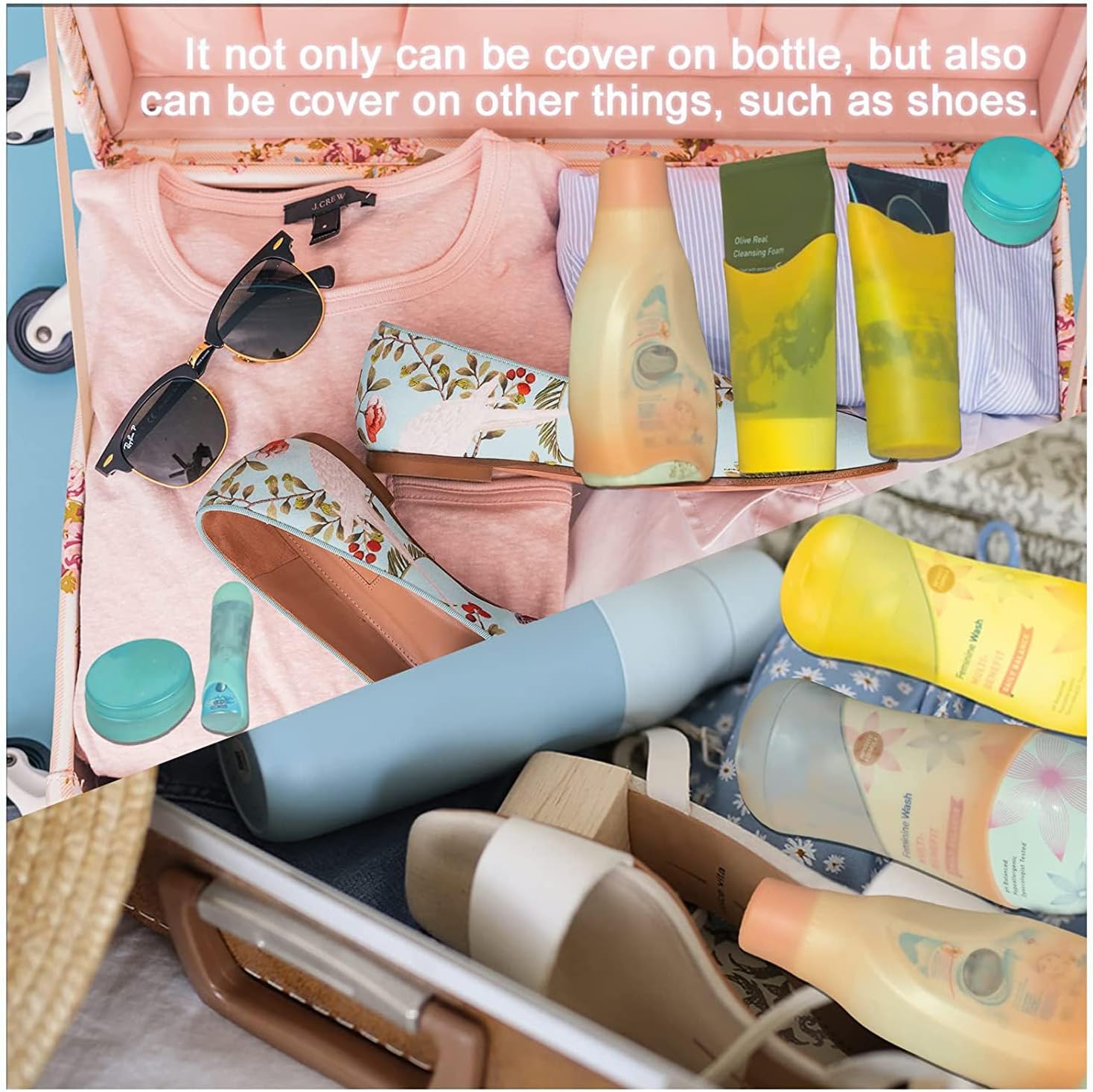 TRANOMOS Silicone Bottle Covers Travel Essentials for Women Men, Beach Vacation Essentials, Travel Size Toiletries Acces